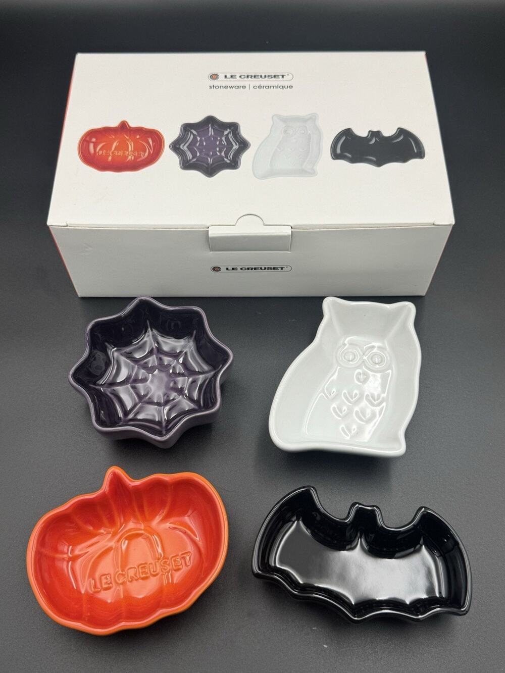 Le Creuset Halloween Mini Dish Set of 4 NIB Retired Cassis Spider Web Black Onyx